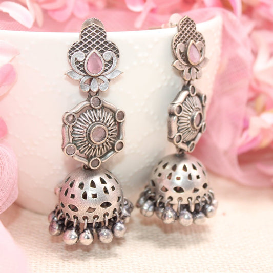 SILVER LOOK ALIKE LONG JHUMKA WITH GHUNGROO - PINK