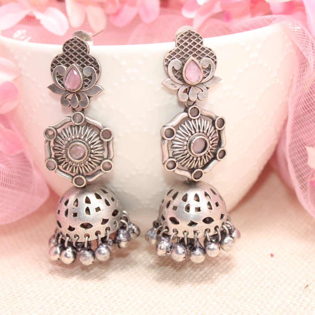 SILVER LOOK ALIKE LONG JHUMKA WITH GHUNGROO - PINK