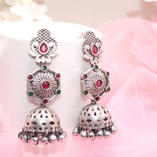 SILVER LOOK ALIKE LONG JHUMKA WITH GHUNGROO-RED&GREEN