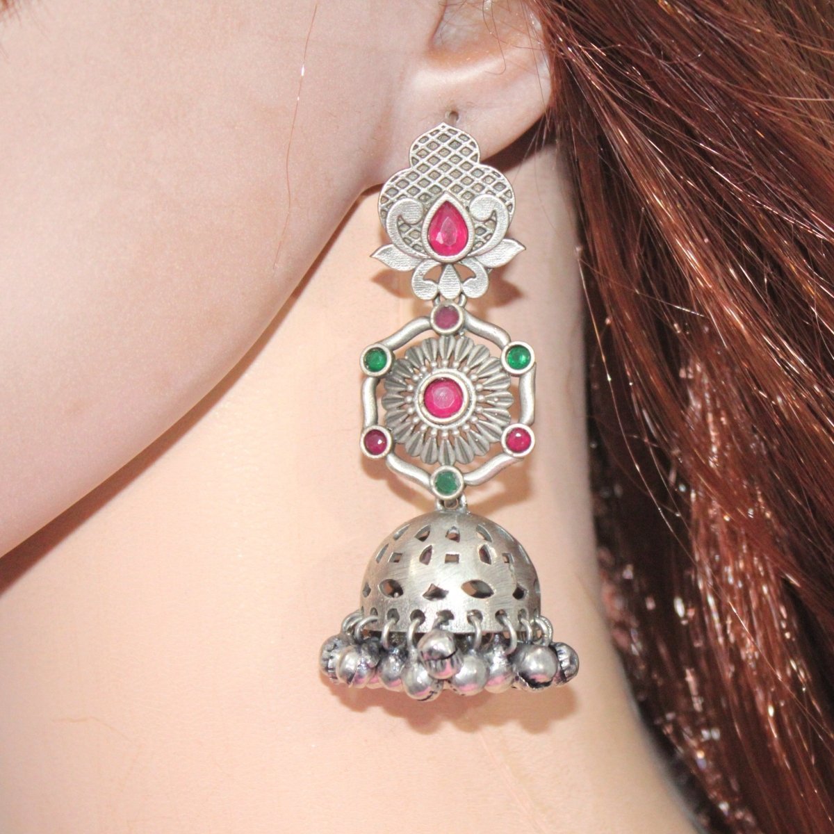 SILVER LOOK ALIKE LONG JHUMKA WITH GHUNGROO-RED&GREEN