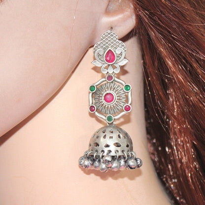 SILVER LOOK ALIKE LONG JHUMKA WITH GHUNGROO-RED&GREEN