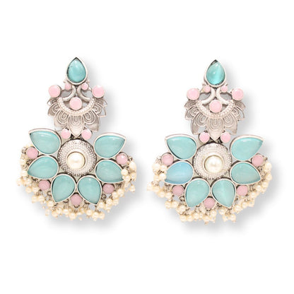 SILVER LOOK ALIKE MAYUR PANKHURI EARRING-BLUE