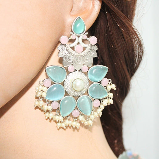 SILVER LOOK ALIKE MAYUR PANKHURI EARRING-BLUE