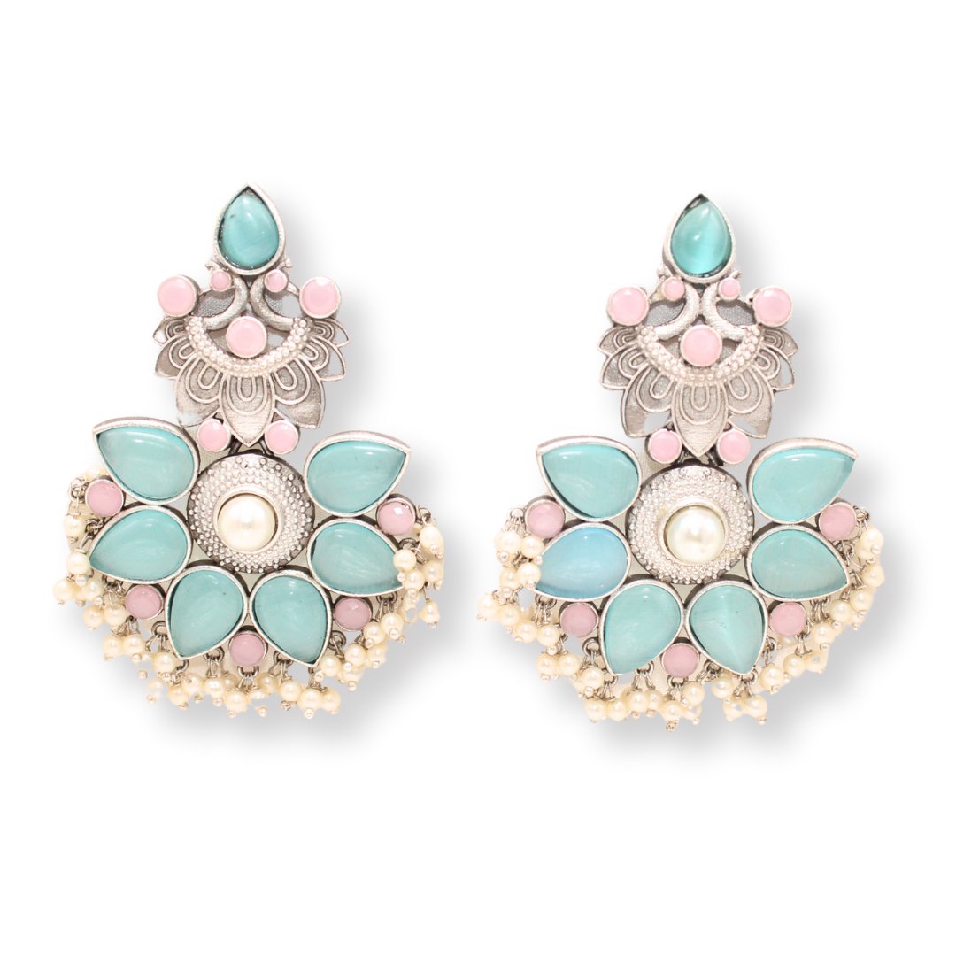 SILVER LOOK ALIKE MAYUR PANKHURI EARRING - BLUE
