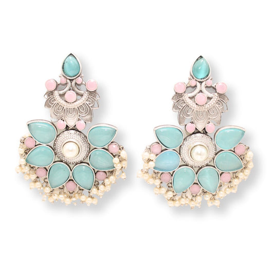 SILVER LOOK ALIKE MAYUR PANKHURI EARRING - BLUE