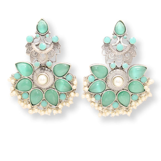 SILVER LOOK ALIKE MAYUR PANKHURI EARRING - TURQUOISE