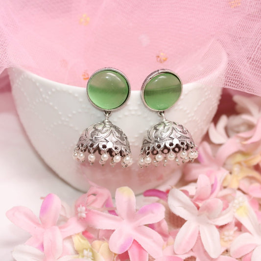 SILVER LOOK ALIKE MONALISA STONE JHUMKI-LIGHT GREEN