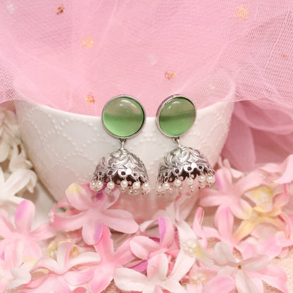SILVER LOOK ALIKE MONALISA STONE JHUMKI - LIGHT GREEN