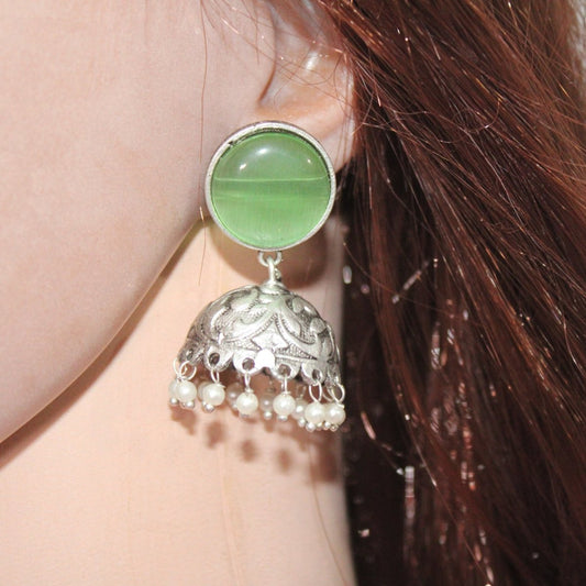 SILVER LOOK ALIKE MONALISA STONE JHUMKI - LIGHT GREEN