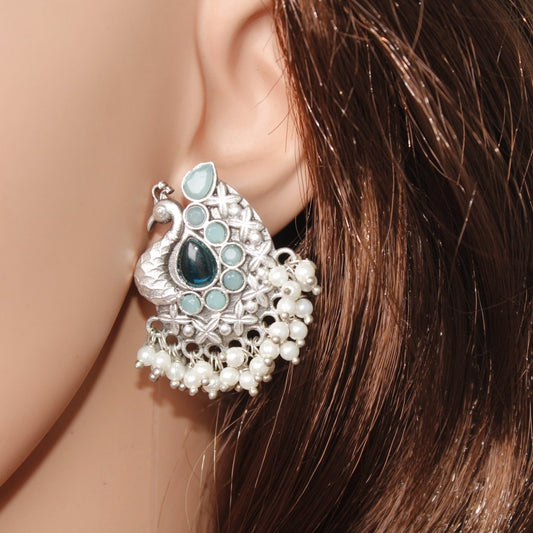 SILVER LOOK ALIKE PEACOCK STUDS - BLUE