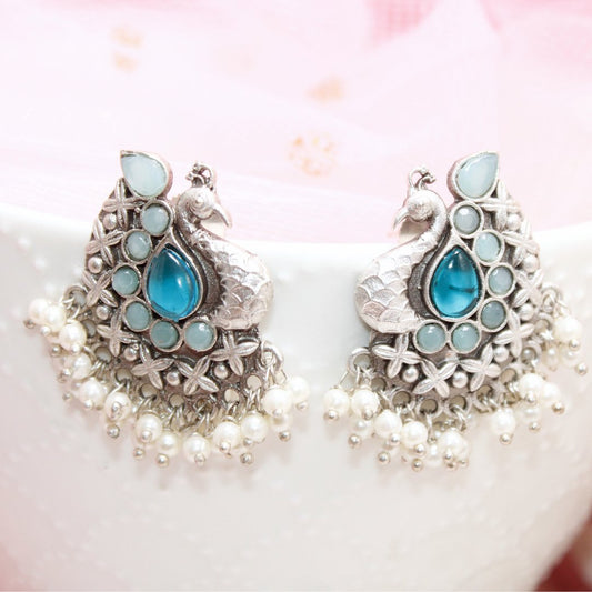SILVER LOOK ALIKE PEACOCK STUDS - BLUE
