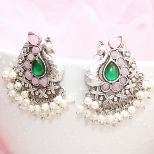 SILVER LOOK ALIKE PEACOCK STUDS - GREEN & PINK