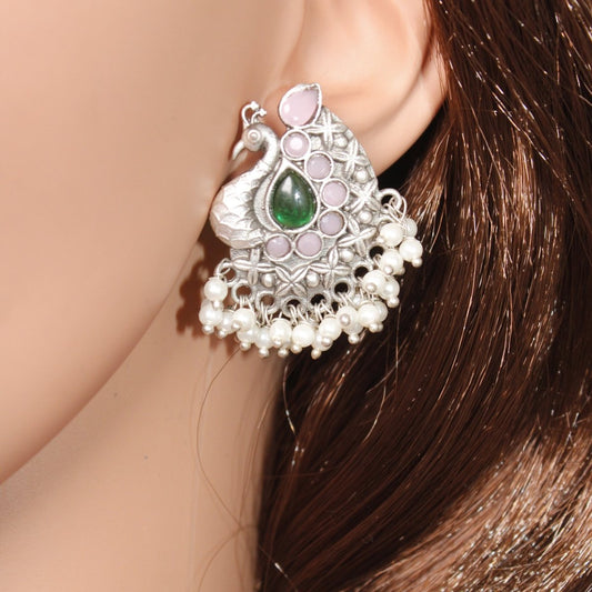 SILVER LOOK ALIKE PEACOCK STUDS - GREEN & PINK