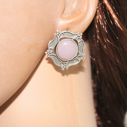 SILVER LOOK ALIKE ROUND STONE STUD - PINK