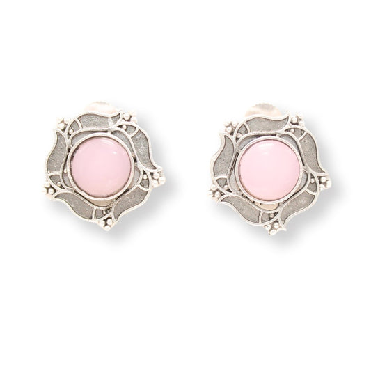 SILVER LOOK ALIKE ROUND STONE STUD - PINK