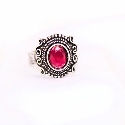 SILVER LOOK ALIKE STONE RING- MAROON