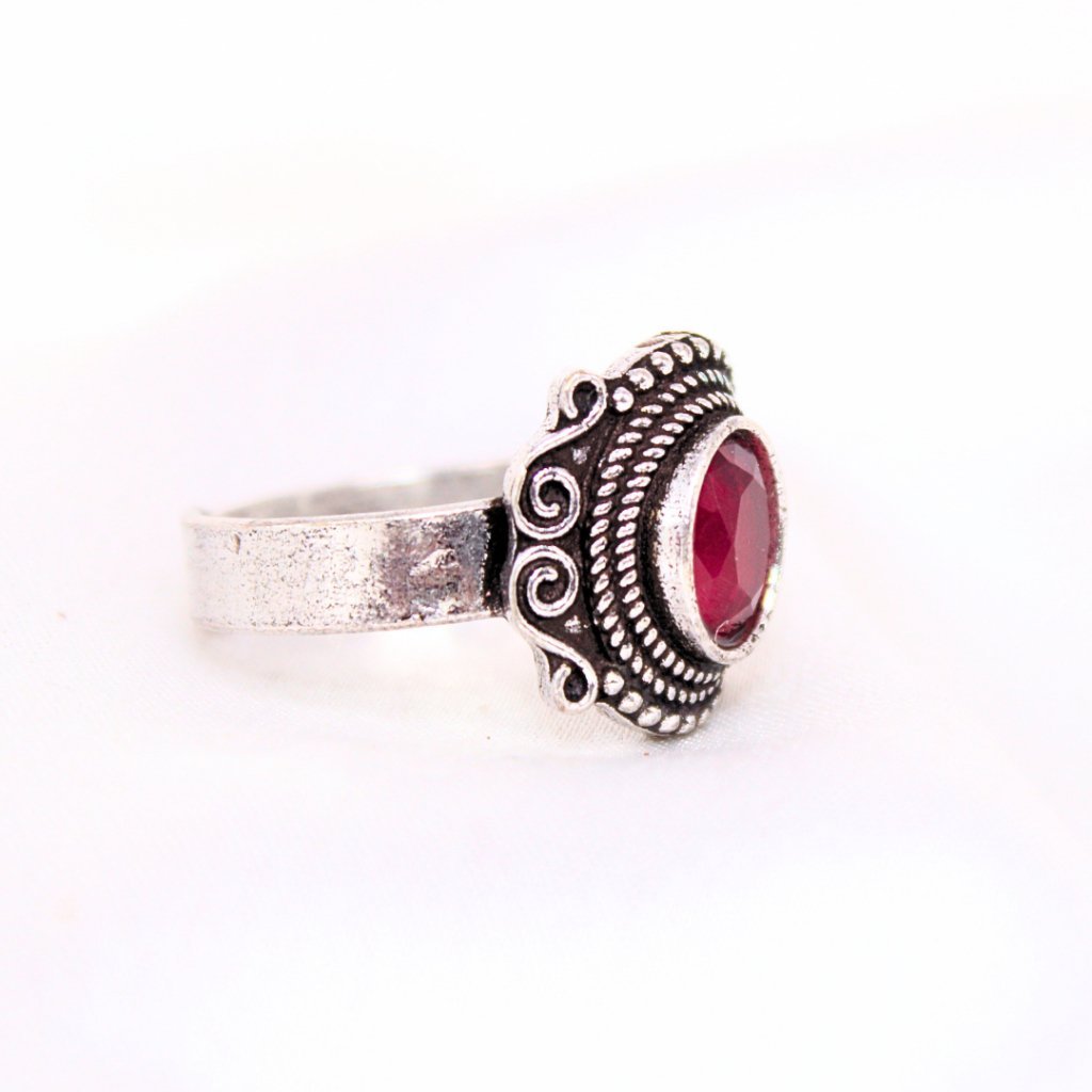 SILVER LOOK ALIKE STONE RING- MAROON