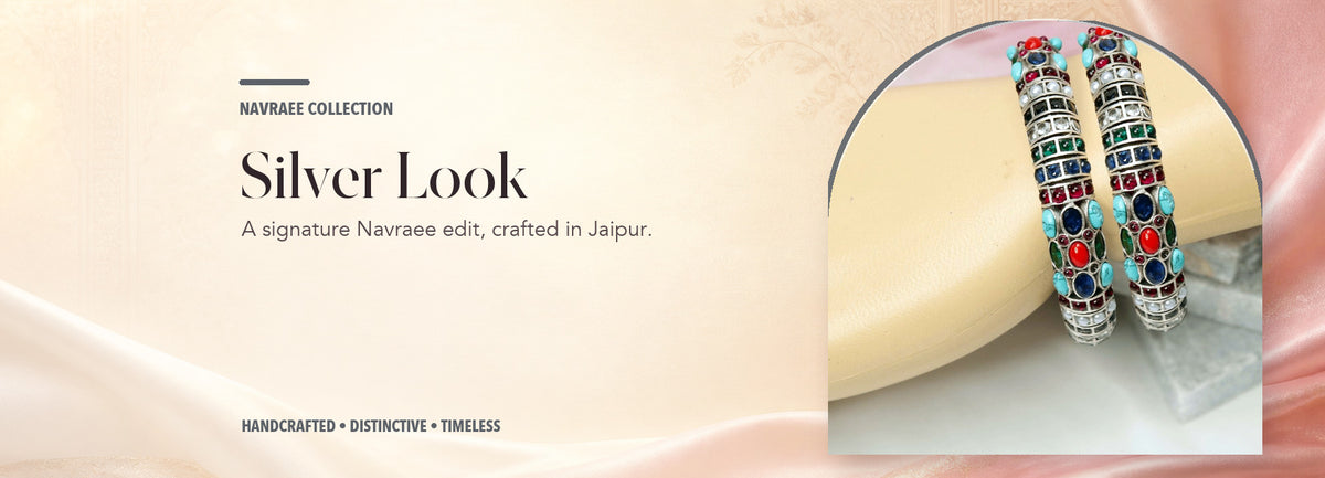 Silver Look collection header banner featuring Navratan Nagina Bangles-Silver Finish-Set Of 2