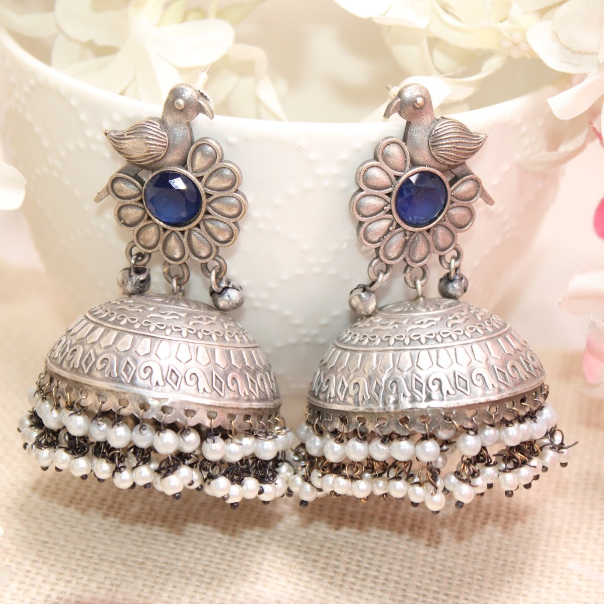 SILVER REPLICA BIRD WITH BIG JHUMKI EARRING- BLUE