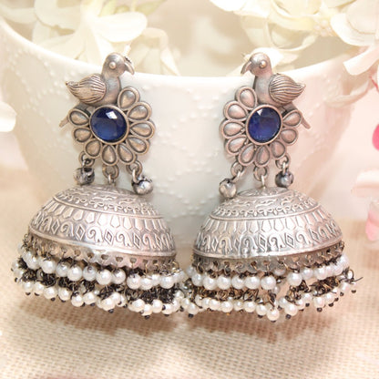SILVER REPLICA BIRD WITH BIG JHUMKI EARRING- BLUE