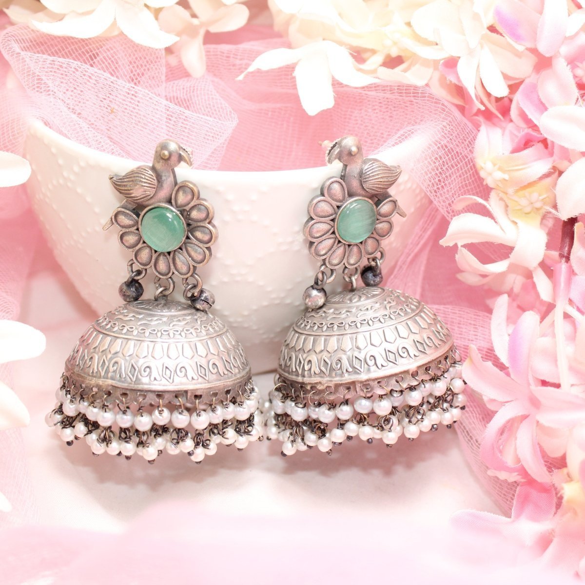 SILVER REPLICA BIRD WITH BIG JHUMKI EARRING- TURQUOISE
