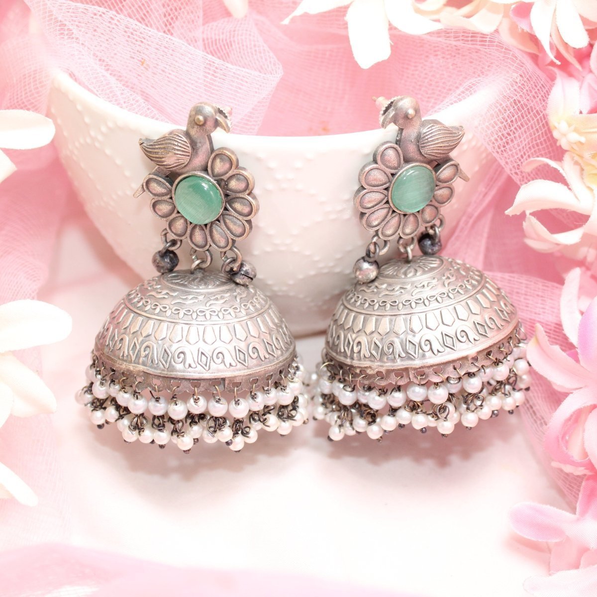 SILVER REPLICA BIRD WITH BIG JHUMKI EARRING- TURQUOISE