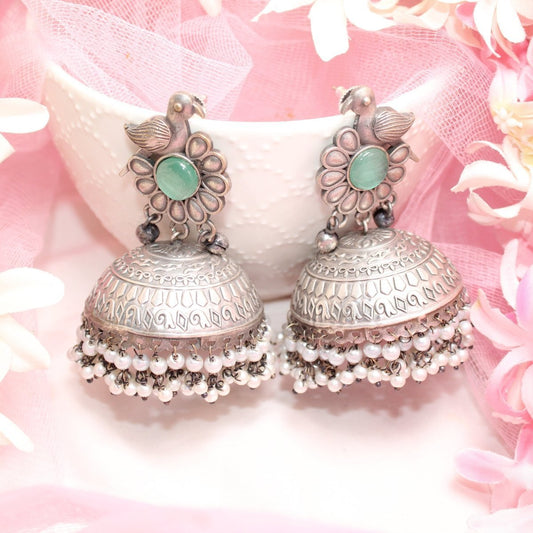 SILVER REPLICA BIRD WITH BIG JHUMKI EARRING- TURQUOISE
