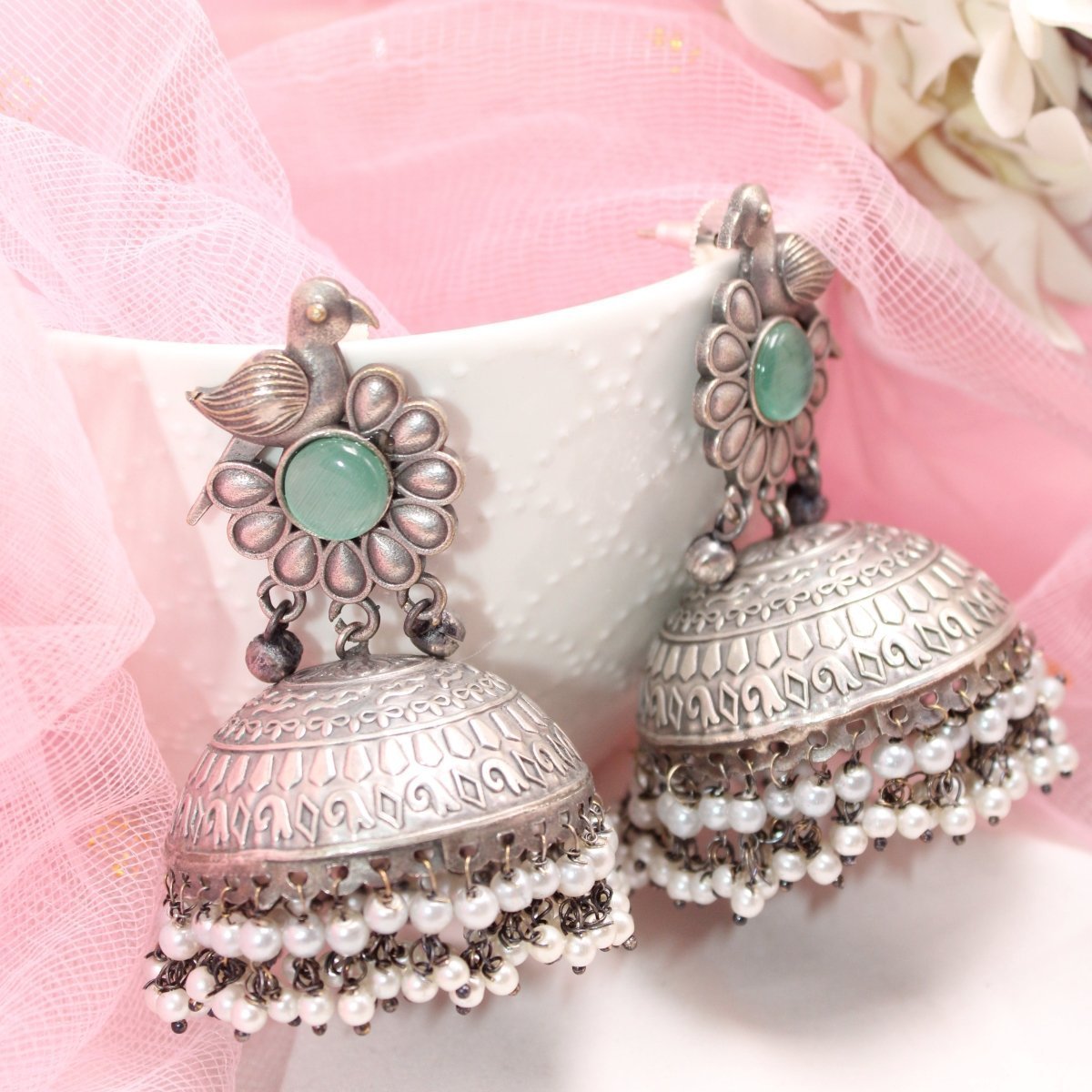 SILVER REPLICA BIRD WITH BIG JHUMKI EARRING- TURQUOISE