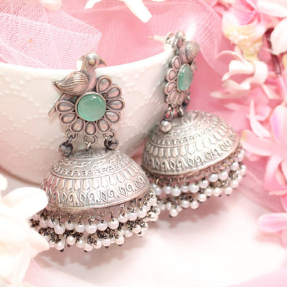 SILVER REPLICA BIRD WITH BIG JHUMKI EARRING- TURQUOISE