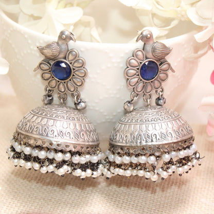 SILVER REPLICA BIRD WITH BIG JHUMKI EARRING - BLUE