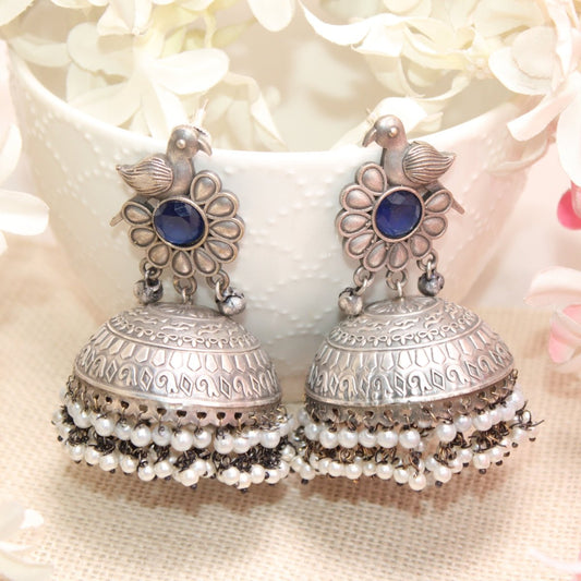 SILVER REPLICA BIRD WITH BIG JHUMKI EARRING - BLUE