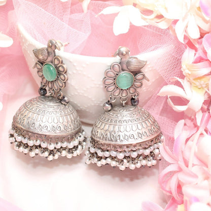 SILVER REPLICA BIRD WITH BIG JHUMKI EARRING - TURQUOISE