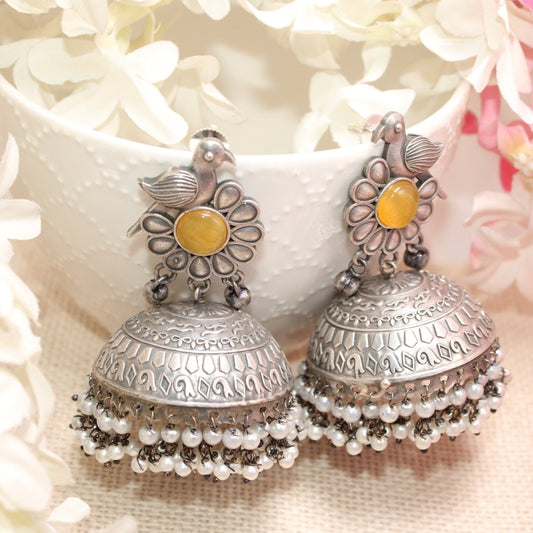 SILVER REPLICA BIRD WITH BIG JHUMKI EARRING - YELLOW