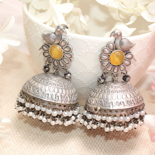 SILVER REPLICA BIRD WITH BIG JHUMKI EARRING - YELLOW