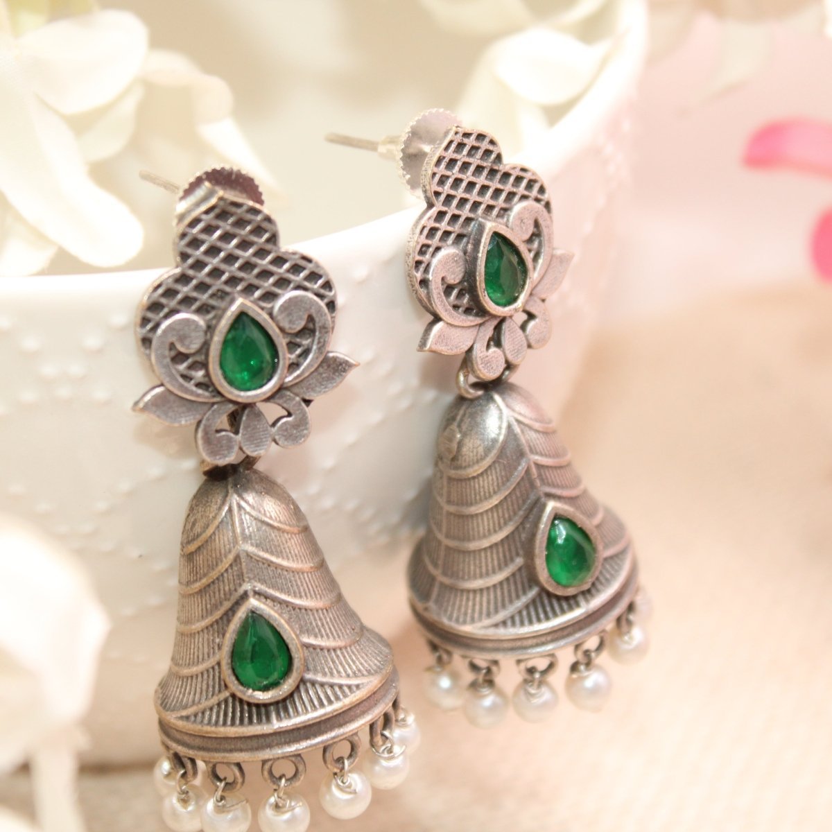 SILVER REPLICA CONE JHUMKI EARRINGS-GREEN