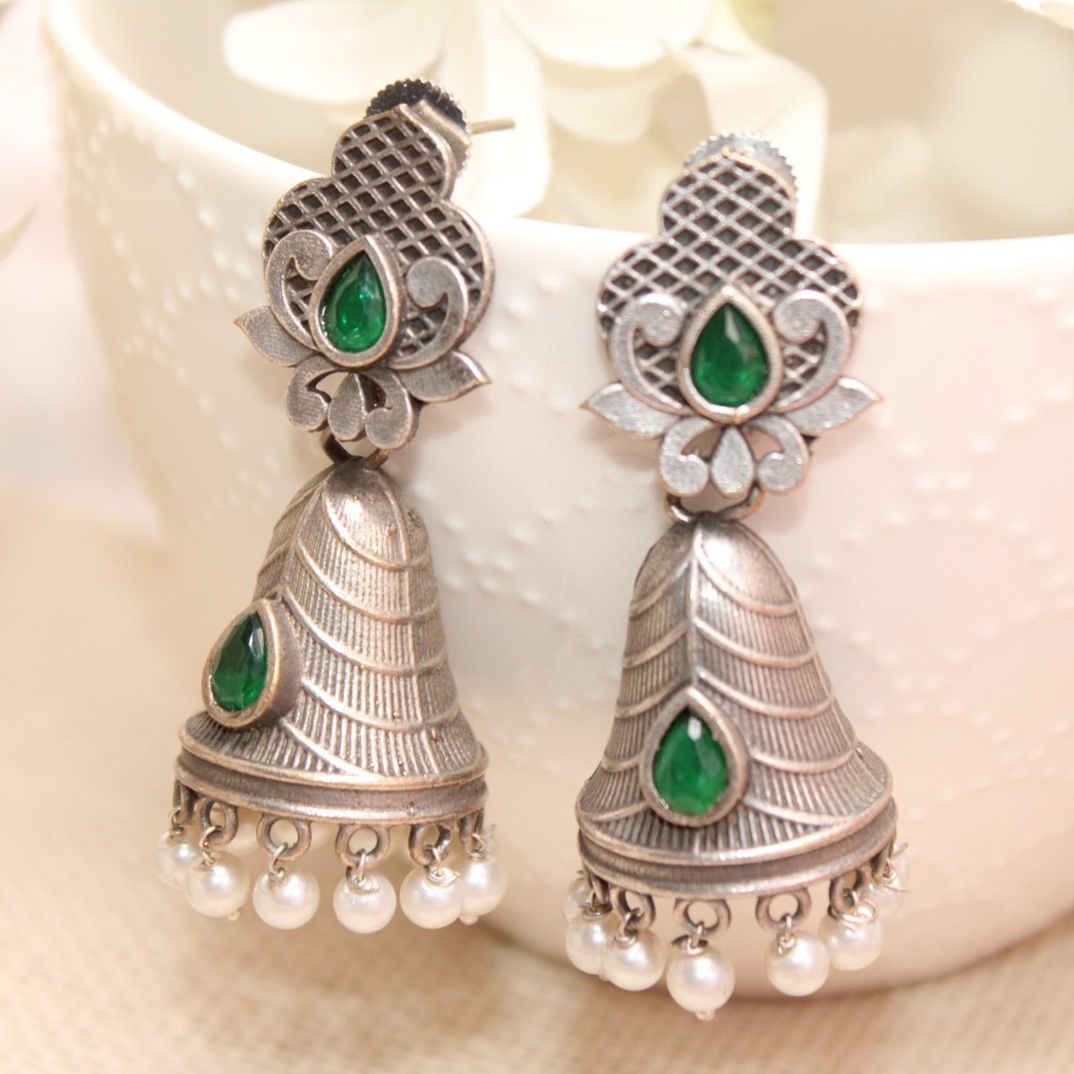 SILVER REPLICA CONE JHUMKI EARRINGS-GREEN