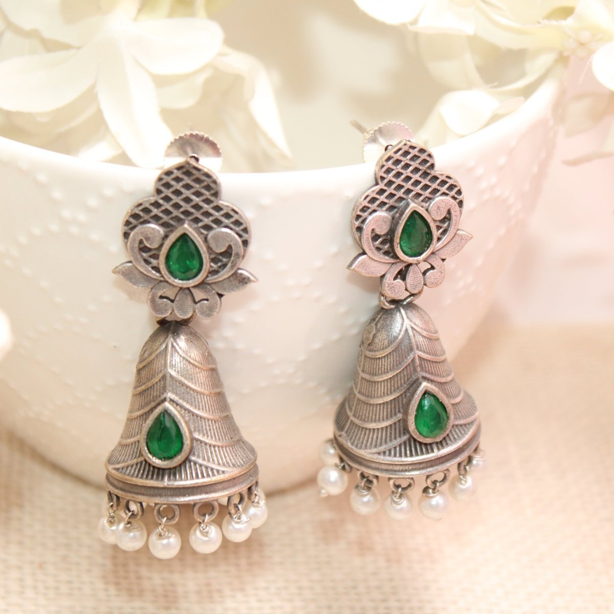 SILVER REPLICA CONE JHUMKI EARRINGS-GREEN
