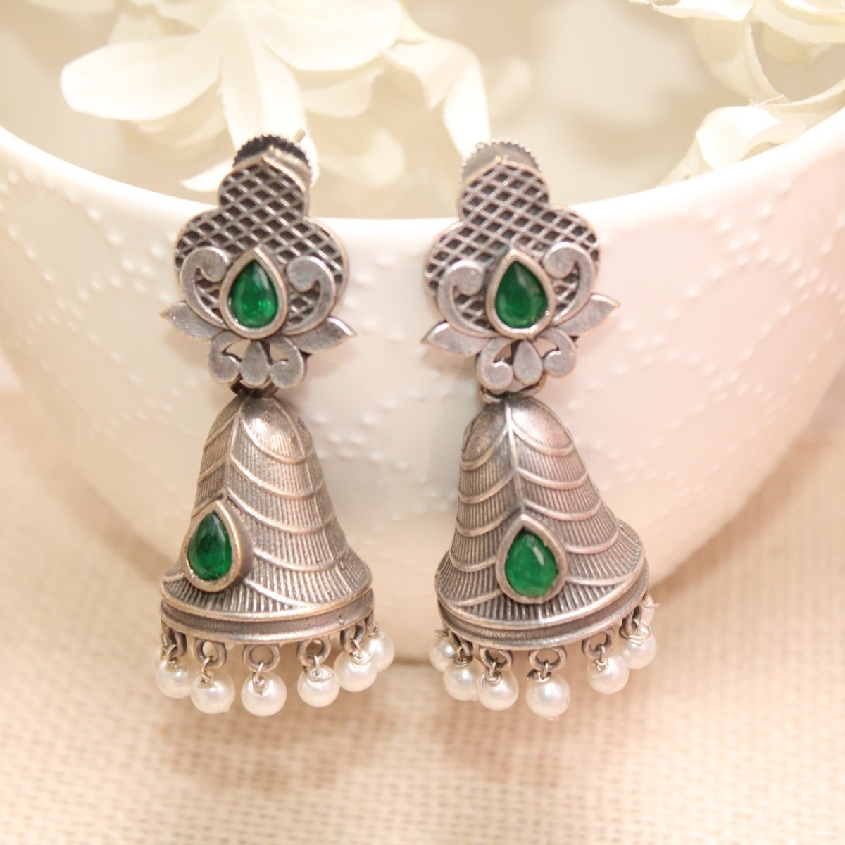 SILVER REPLICA CONE JHUMKI EARRINGS-GREEN