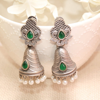 SILVER REPLICA CONE JHUMKI EARRINGS-GREEN