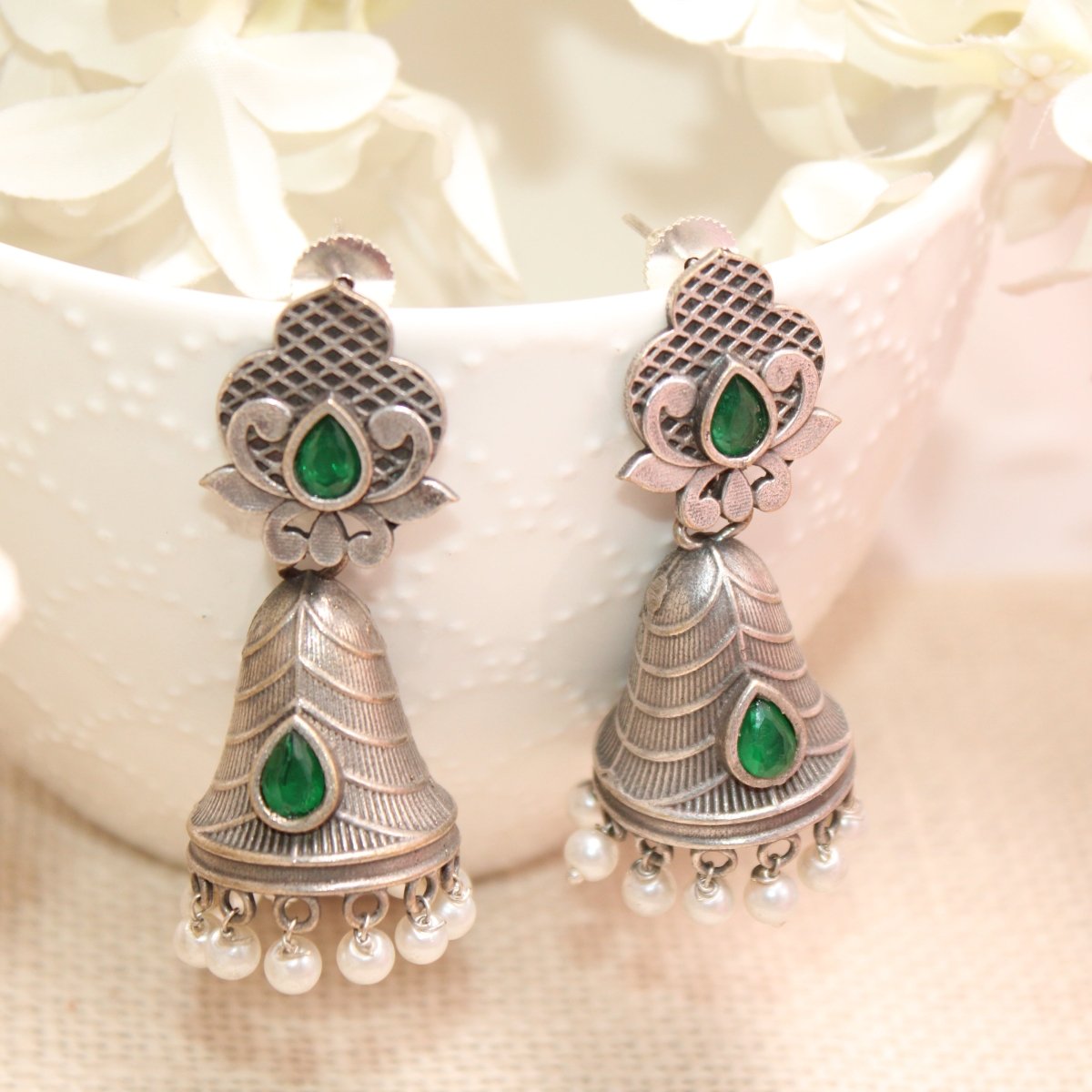 SILVER REPLICA CONE JHUMKI EARRINGS - GREEN