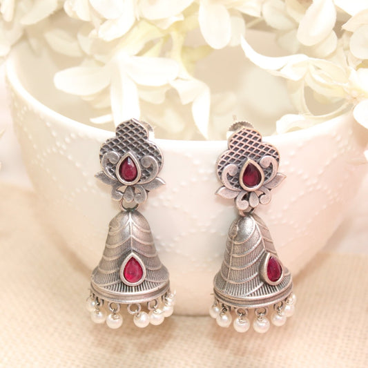 SILVER REPLICA CONE JHUMKI EARRINGS - RED