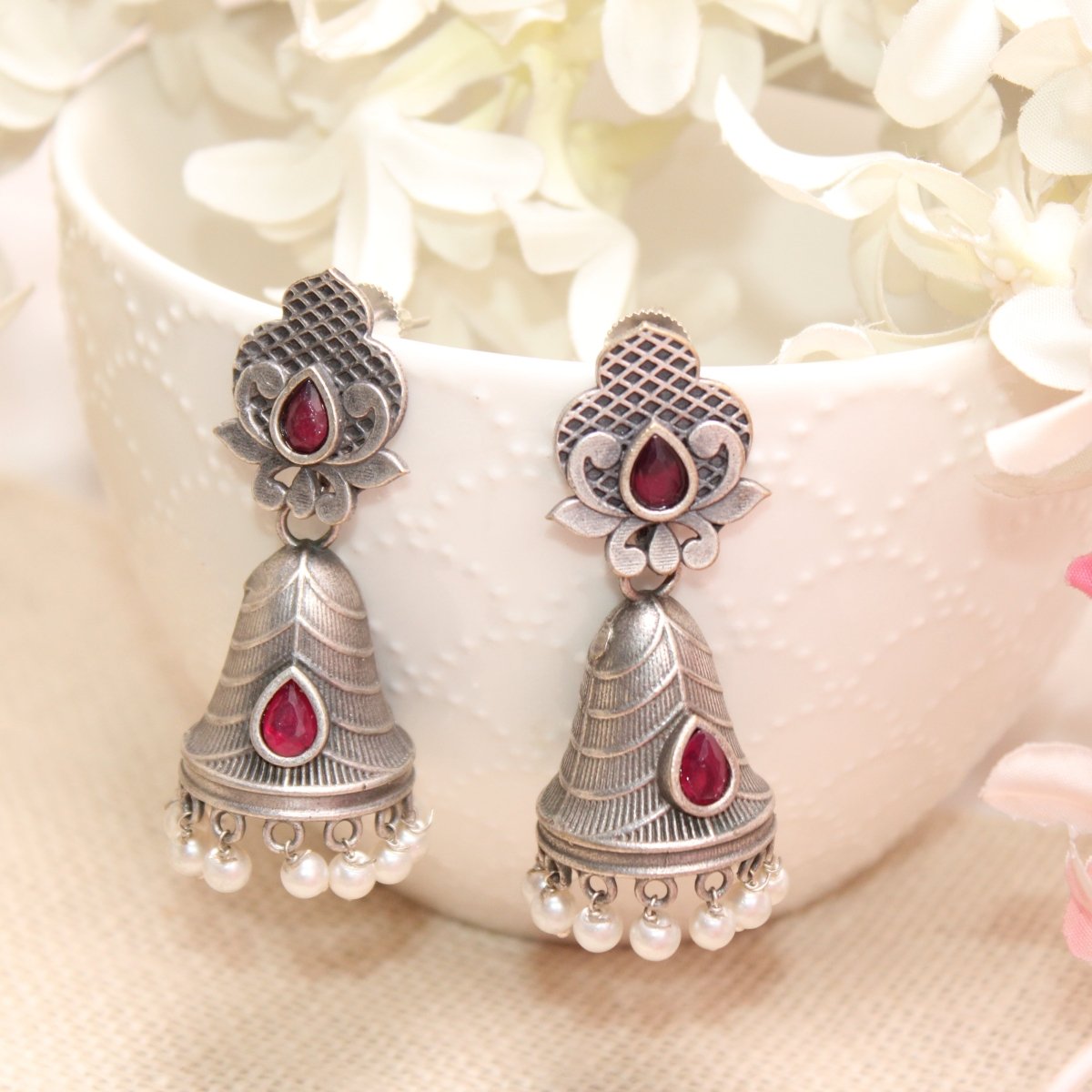 SILVER REPLICA CONE JHUMKI EARRINGS - RED