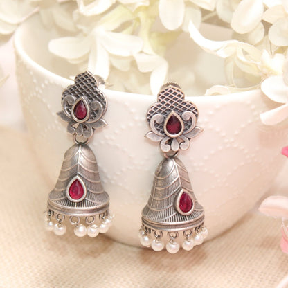 SILVER REPLICA CONE JHUMKI EARRINGS - RED