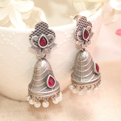 SILVER REPLICA CONE JHUMKI EARRINGS - RED