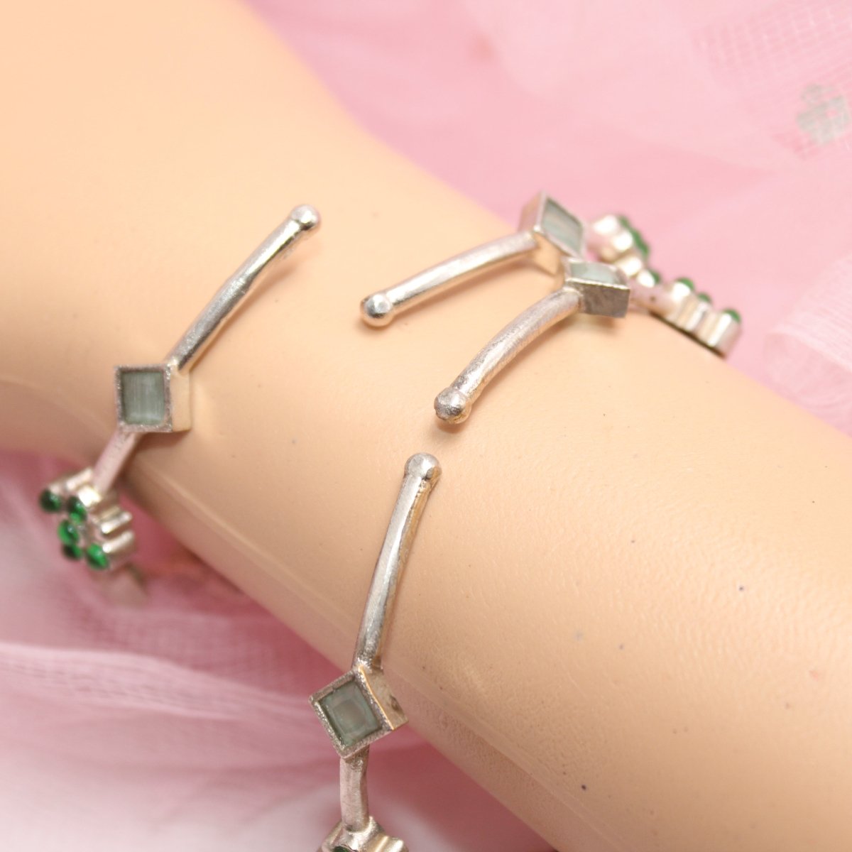 SILVER REPLICA THIN BRACELET - PAIR OF TWO - GREEN