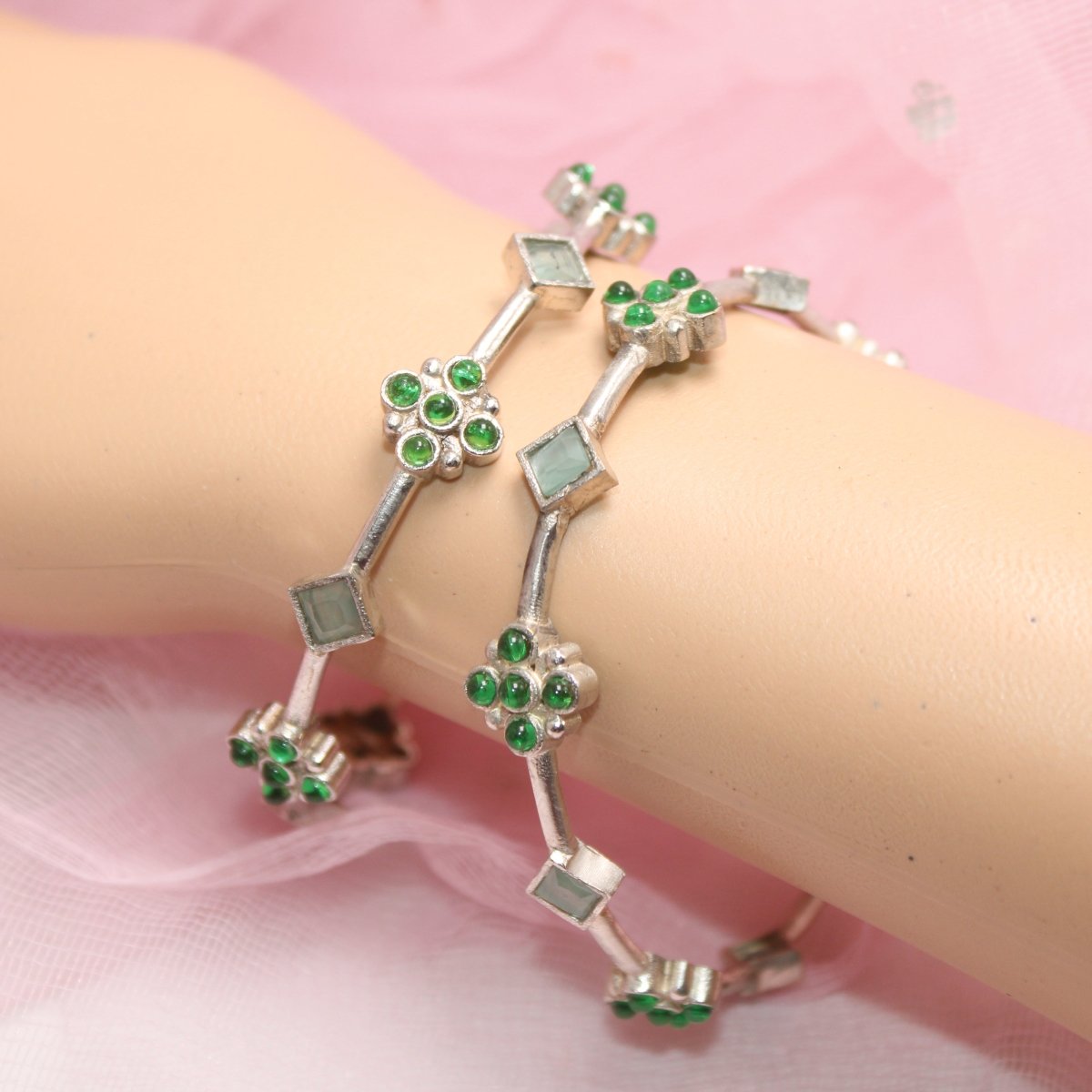 SILVER REPLICA THIN BRACELET - PAIR OF TWO - GREEN