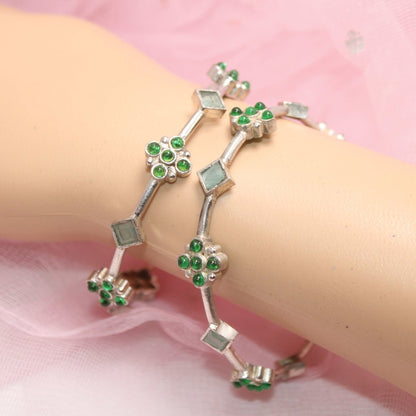 SILVER REPLICA THIN BRACELET - PAIR OF TWO - GREEN
