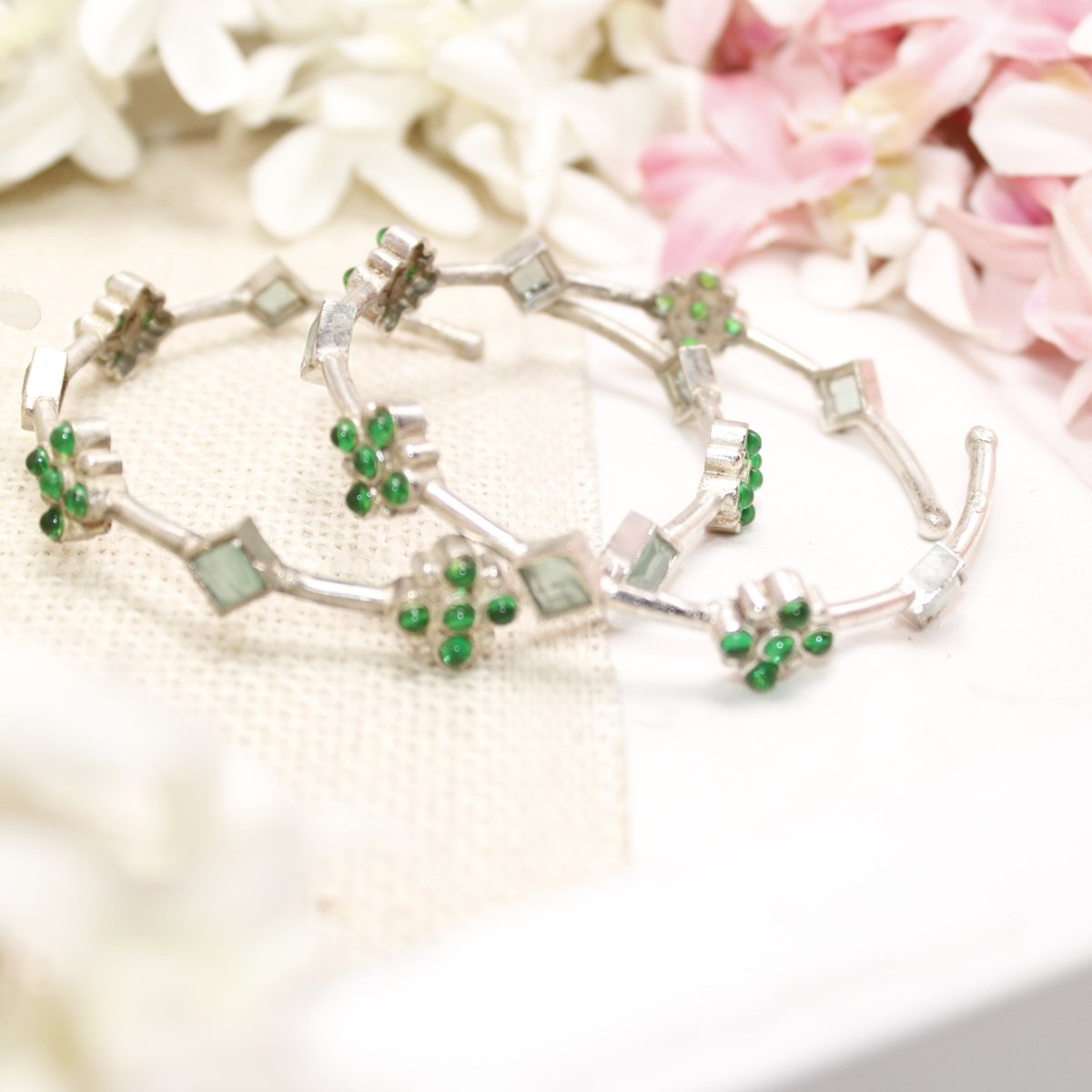 SILVER REPLICA THIN BRACELET - PAIR OF TWO - GREEN