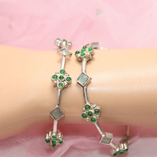 SILVER REPLICA THIN BRACELET - PAIR OF TWO - GREEN