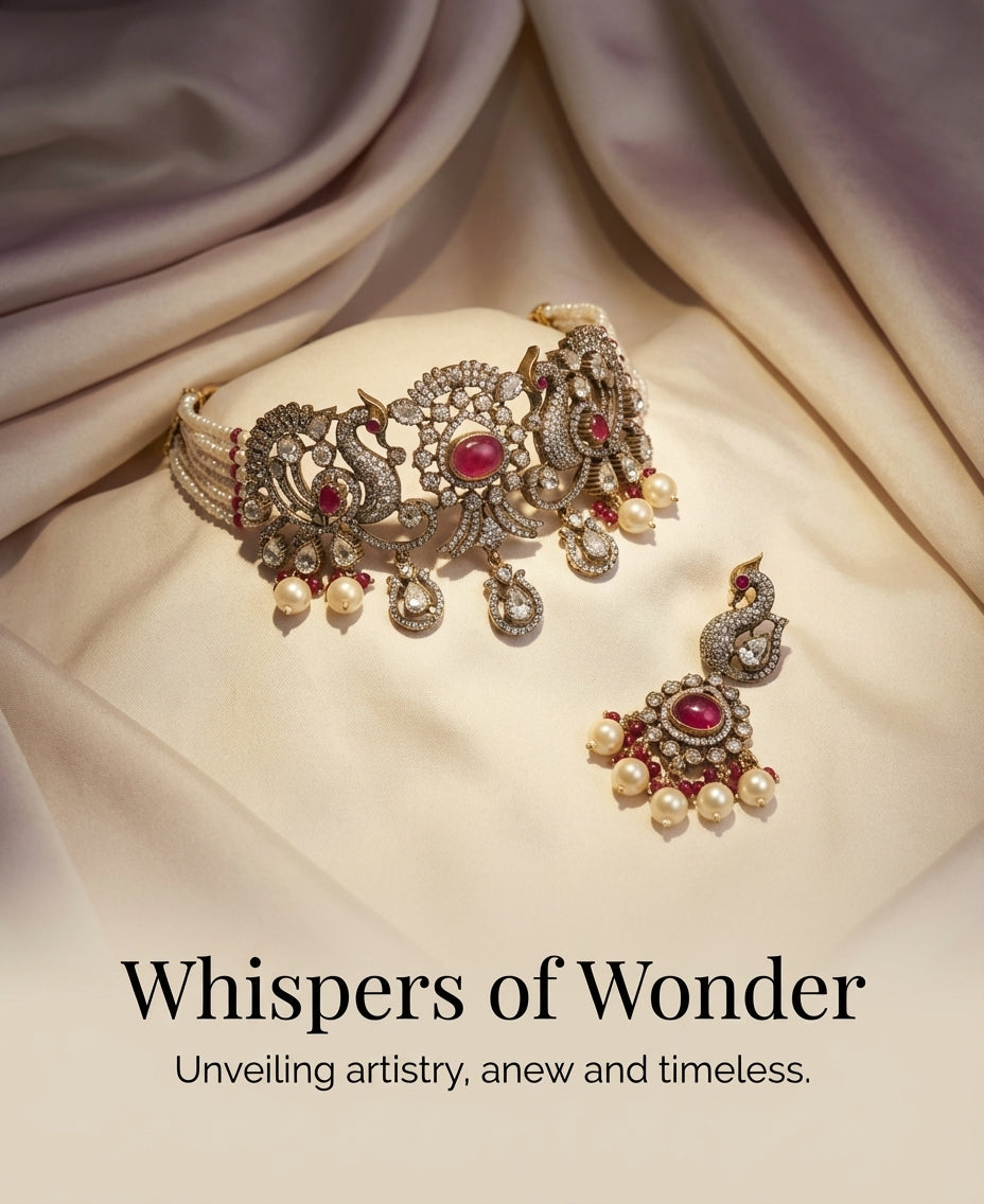Mayura Antique Peacock Polki and Pearl Choker Set